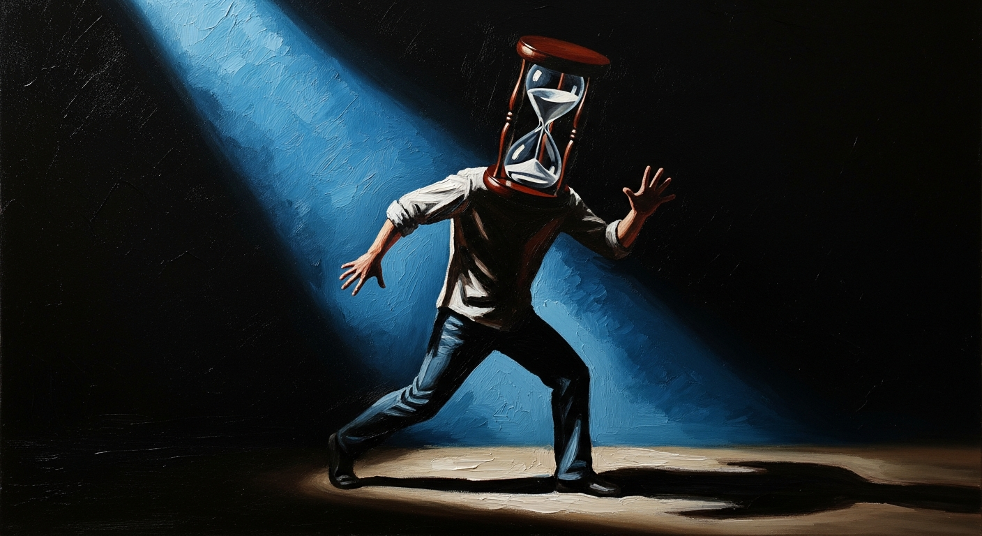 A solitary figure frozen mid-stride, their body rendered in expressive oil-paint brushstrokes, but their head replaced by an hourglass with sand rapidly draining from top chamber to bottom. Deep chiar