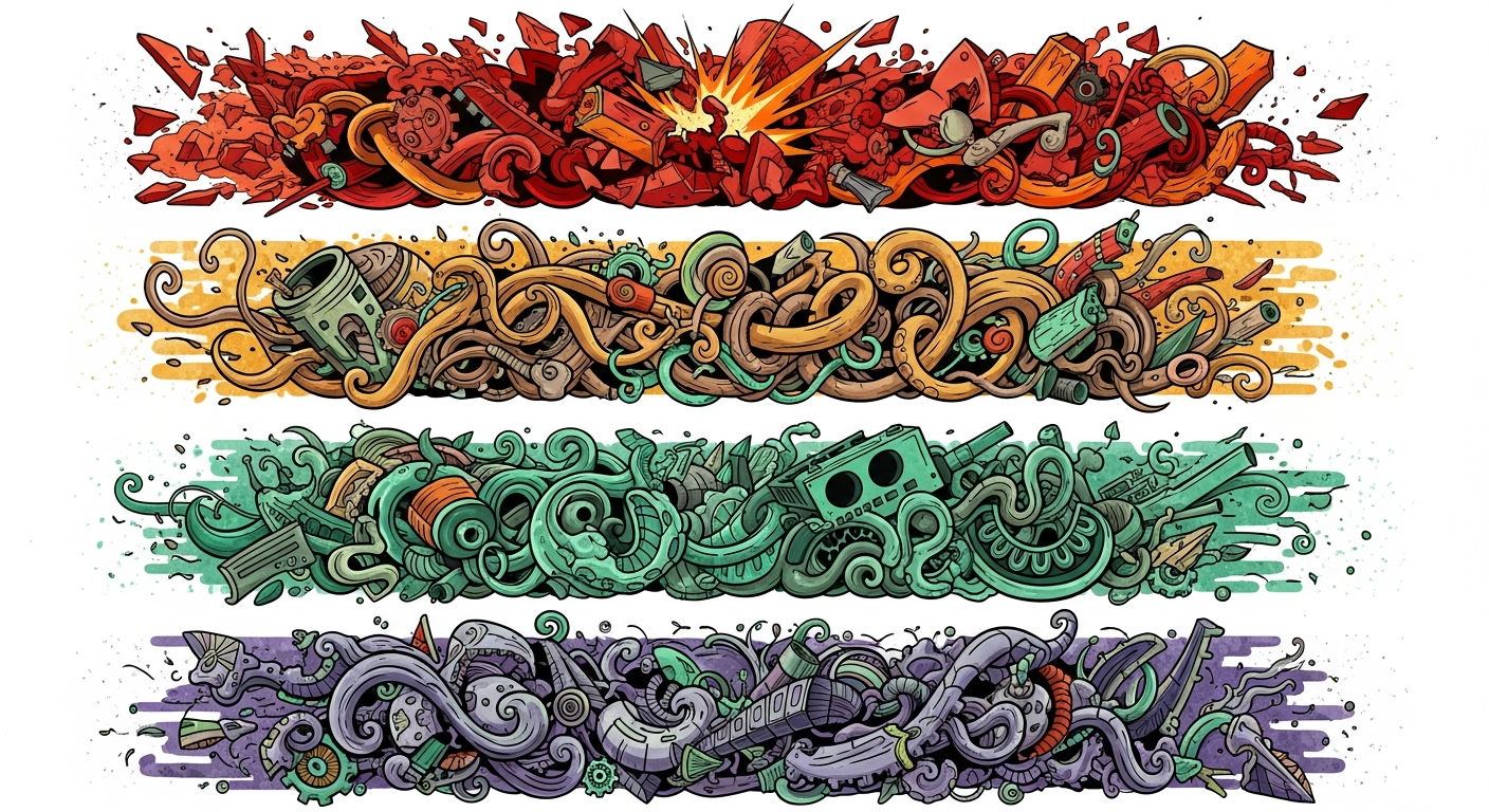 Four impossible phases stacked vertically like carnival-poster geological strata, each one a densely layered vector fever dream of technical precision gone beautifully bonkers. Phase 1 (top): jagged f