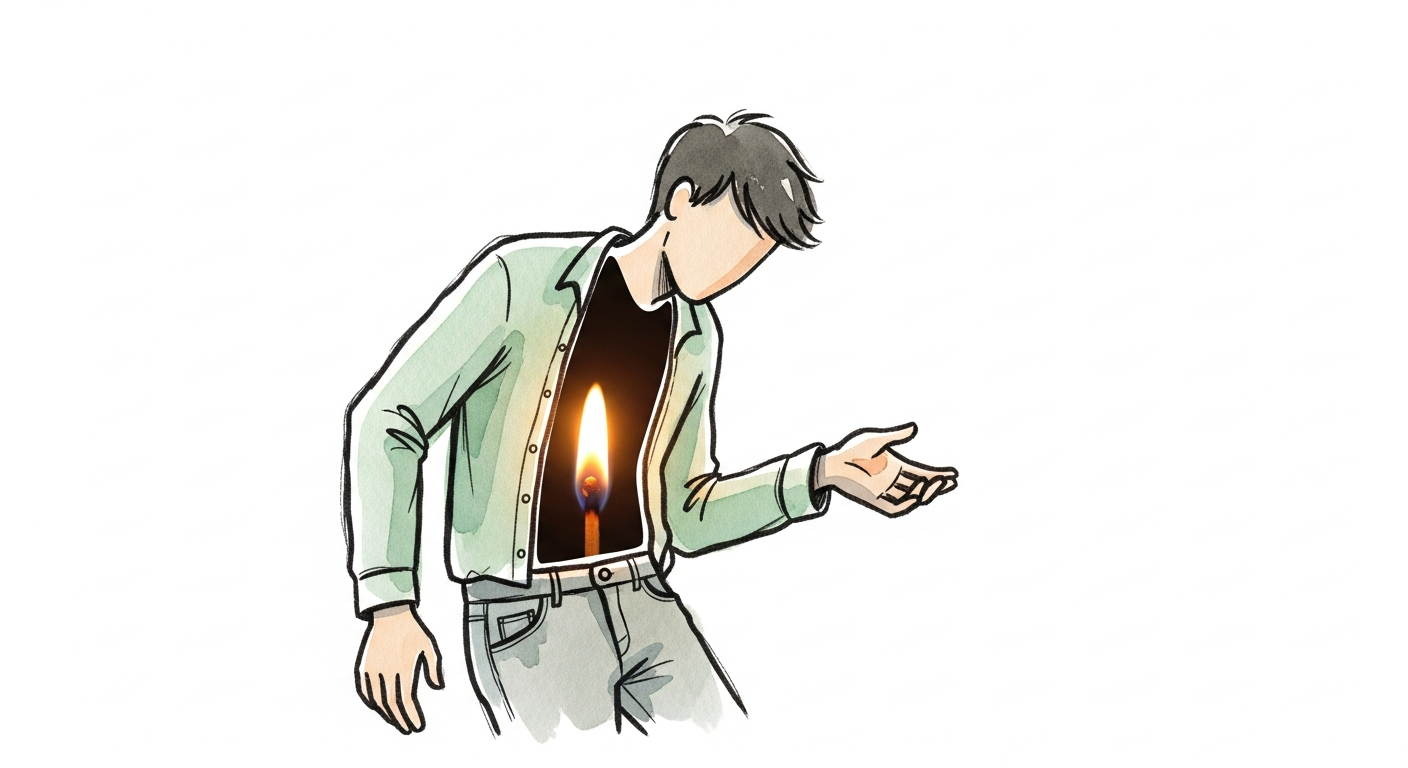 A figure rendered in loose, expressive watercolor brush strokes (organic pigment variation, uneven edges, visible ink flow) in soft greens and warm grays. The figure is leaning forward, mid-gesture, h