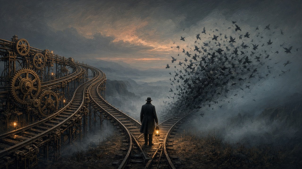 Editorial hero: clockwork railway of automations versus a scattering flock of agent-birds at a lantern switch.