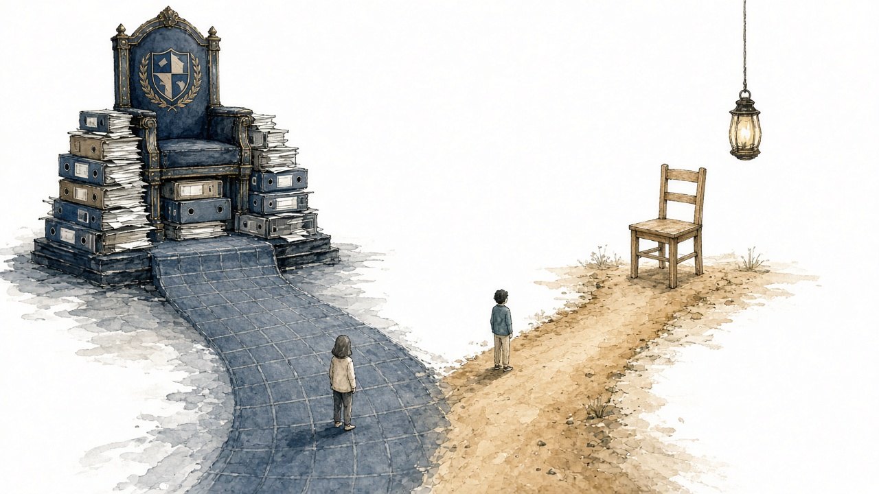 Editorial hero: forked path — heavy binder-throne on carpet versus a lantern chair on an open trail.