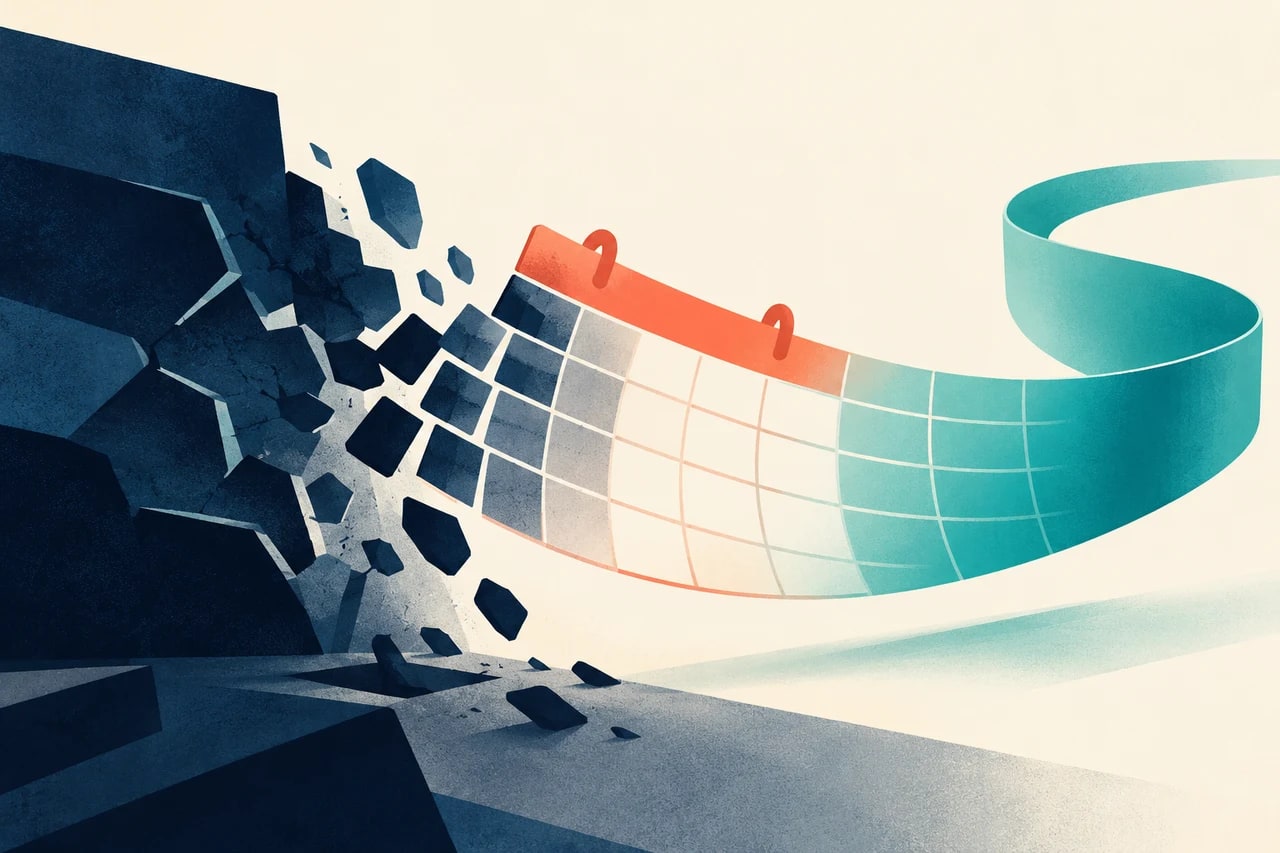 A calendar flows from a crumbling dark support into a continuing teal ribbon.