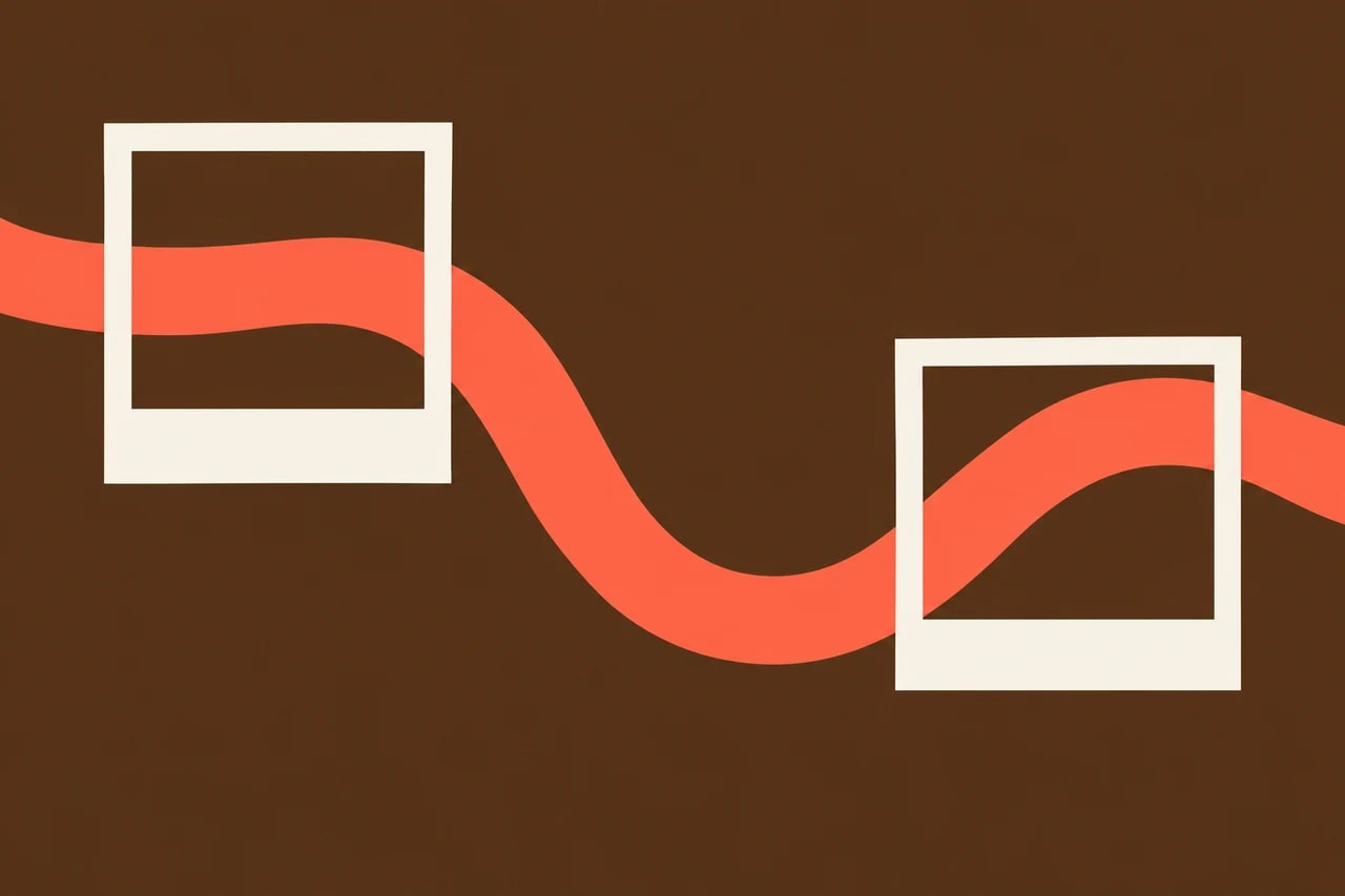 Two ivory calendar windows frame different coral portions of one ribbon on a warm brown field.