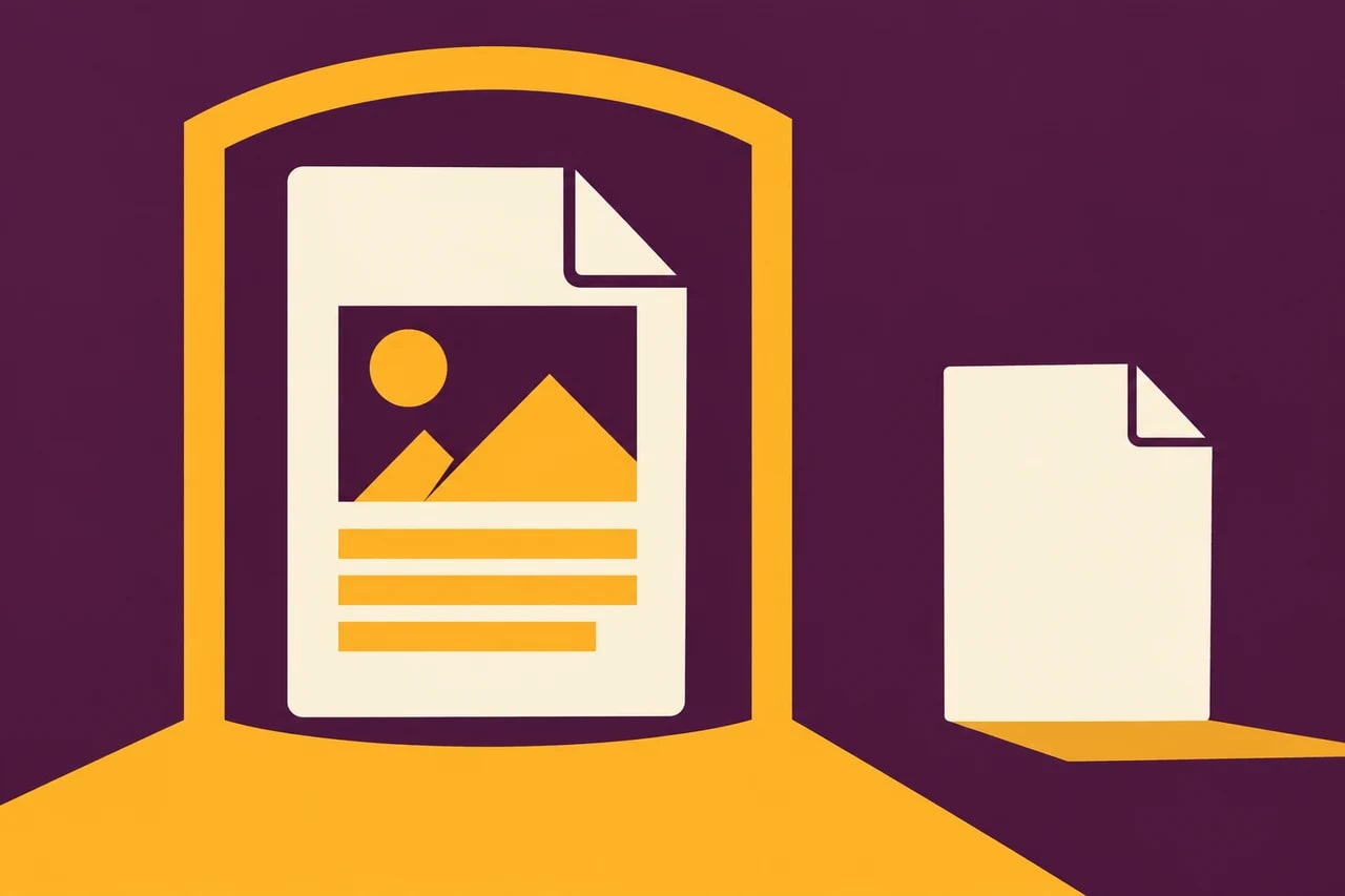 A document stands within a protective frame while an unused paper shape sits outside.