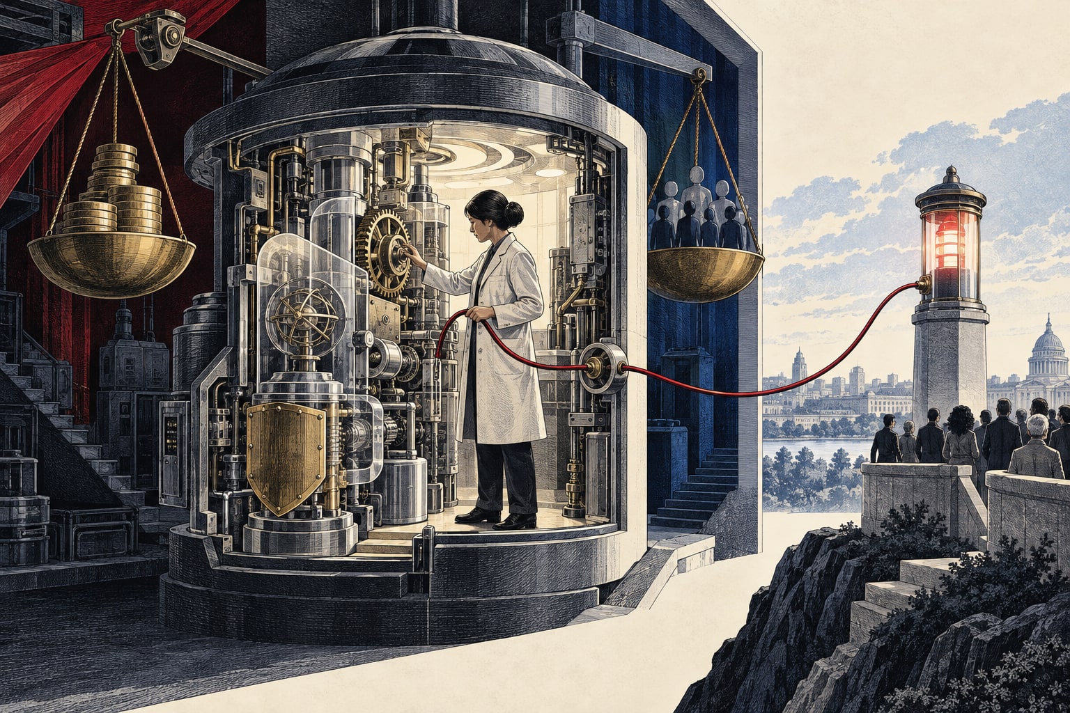 An evaluator inspects a complex laboratory machine while a reporting line runs outside to a public signal.