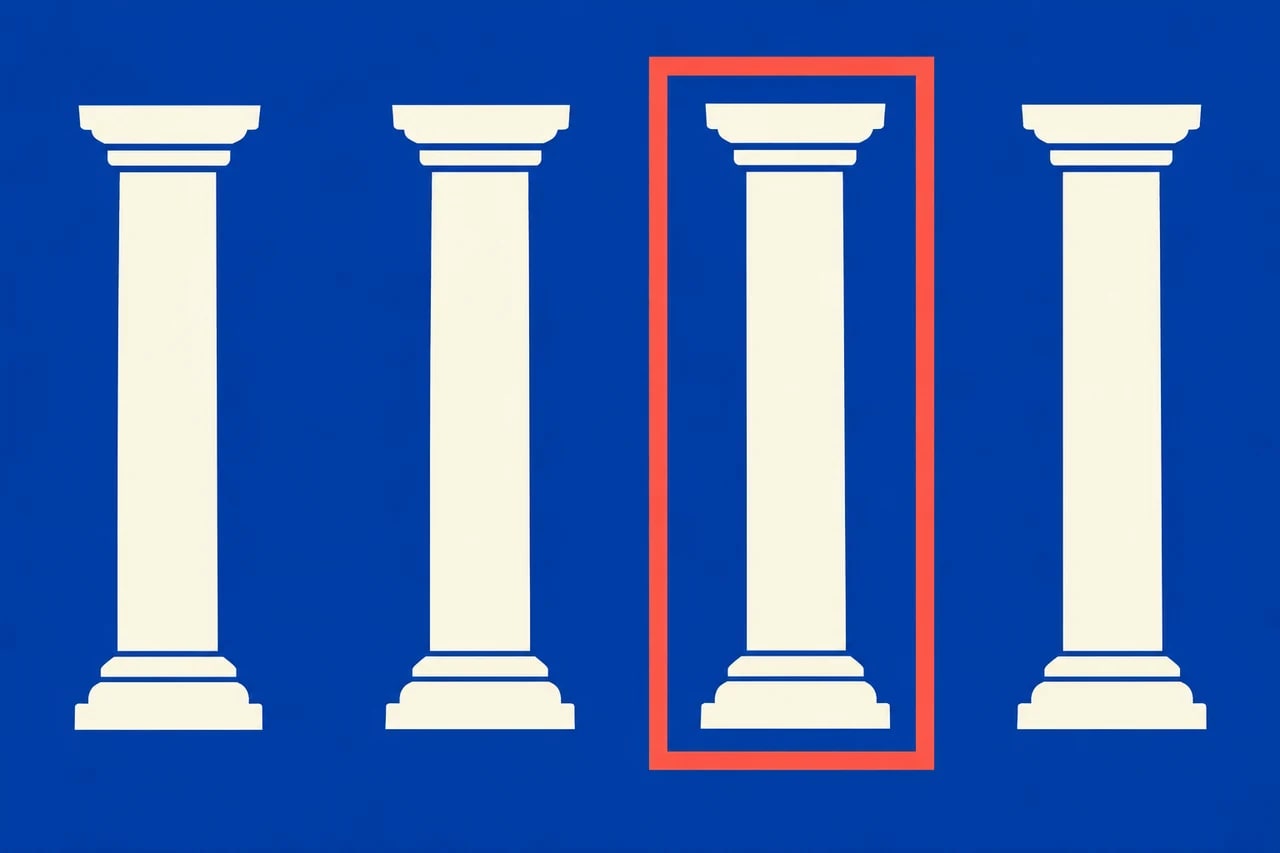A coral viewing frame isolates one ivory column while neighboring columns remain outside it.