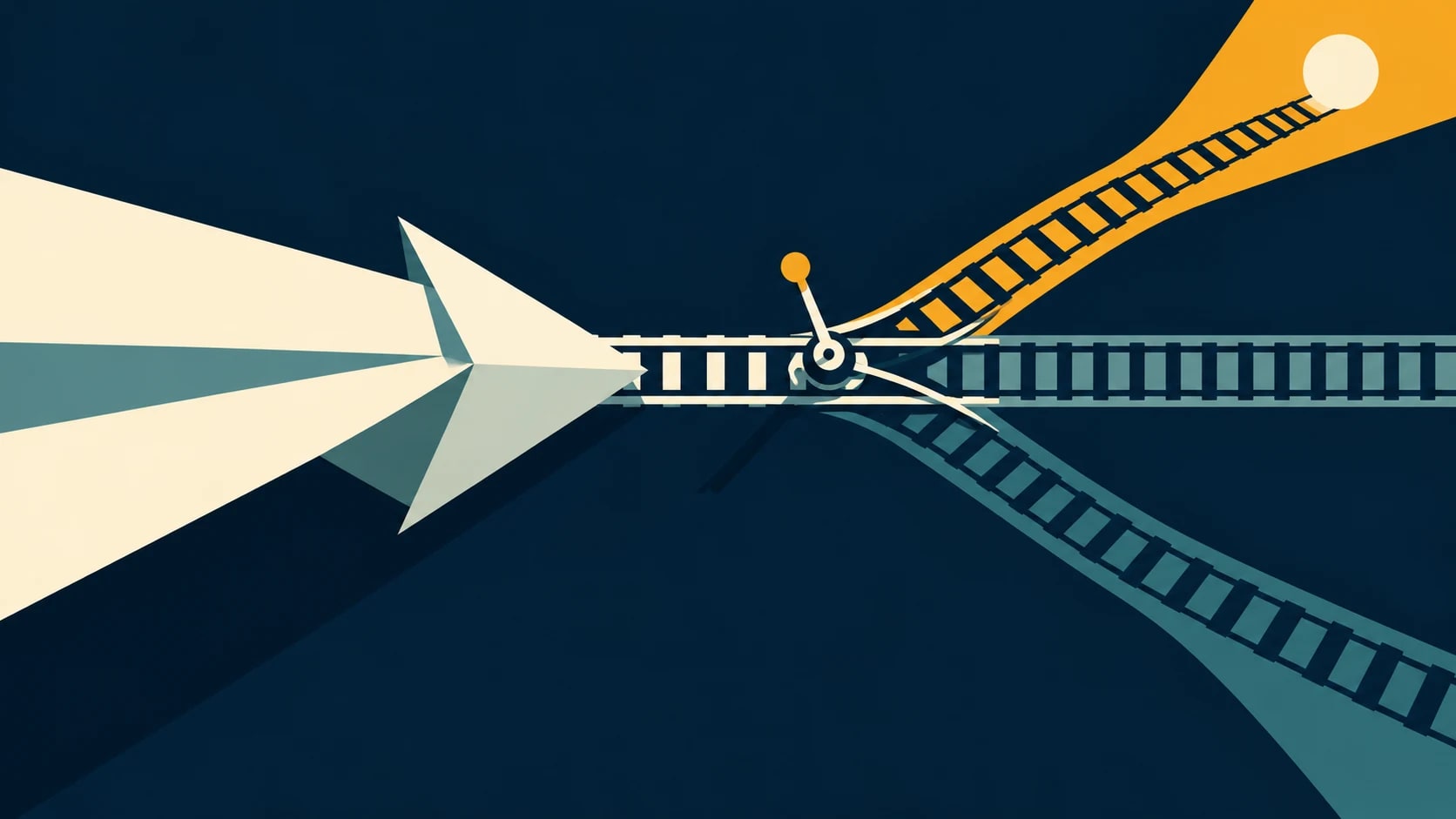 A large folded arrow approaches a three-way railway switch whose lever can direct its route.