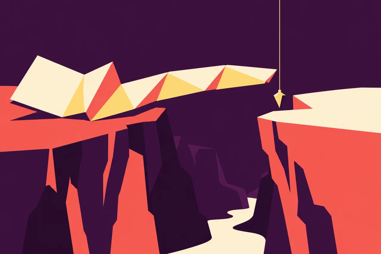 A paper bridge stops short of the far bank while a plumb line checks the gap.