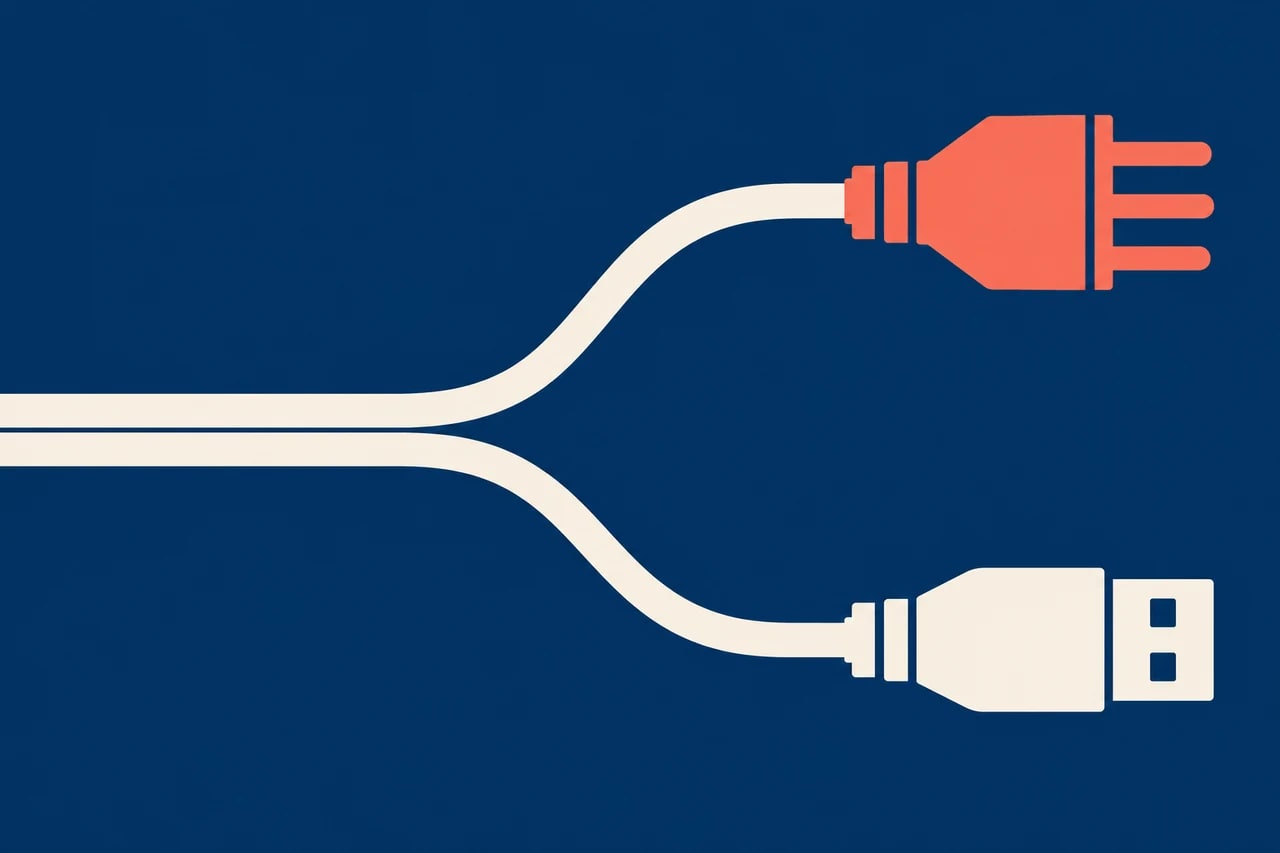 Two ivory cables separate into distinct connectors on a dark blue field.