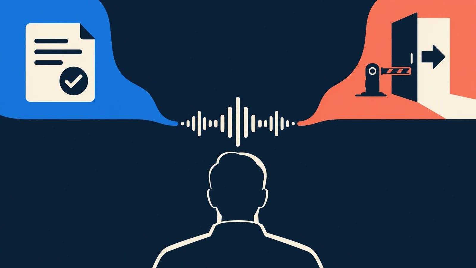 A meeting sound wave divides between a checked note and an action doorway with a stop latch.