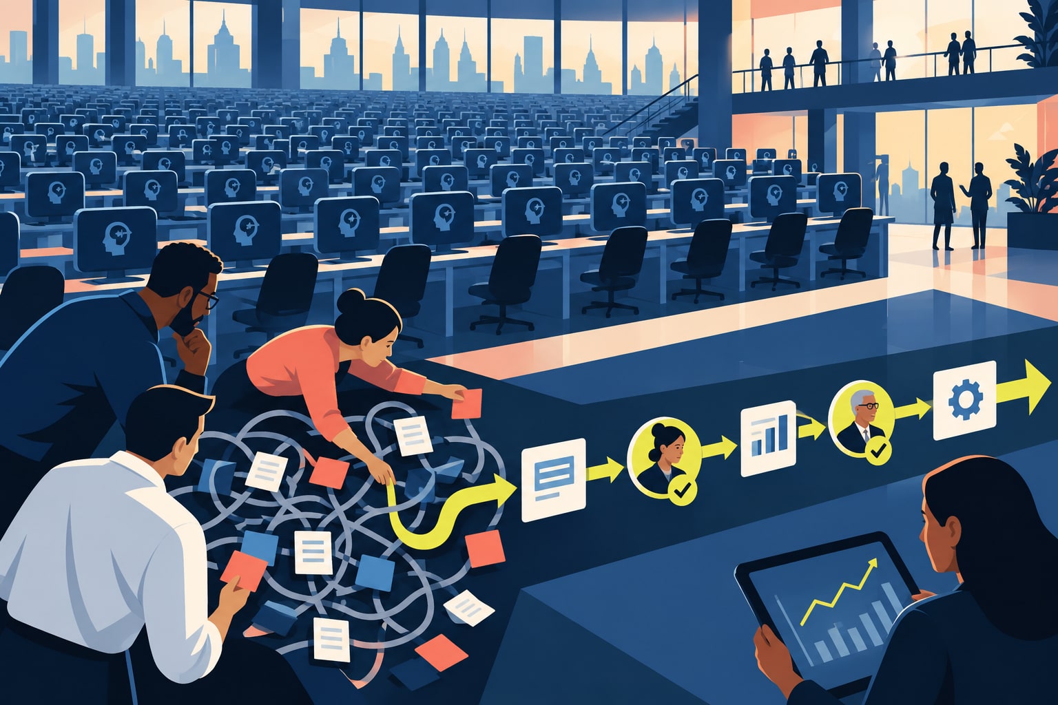 A large field of unused AI workstations behind a team untangling one workflow into a measured operating lane.