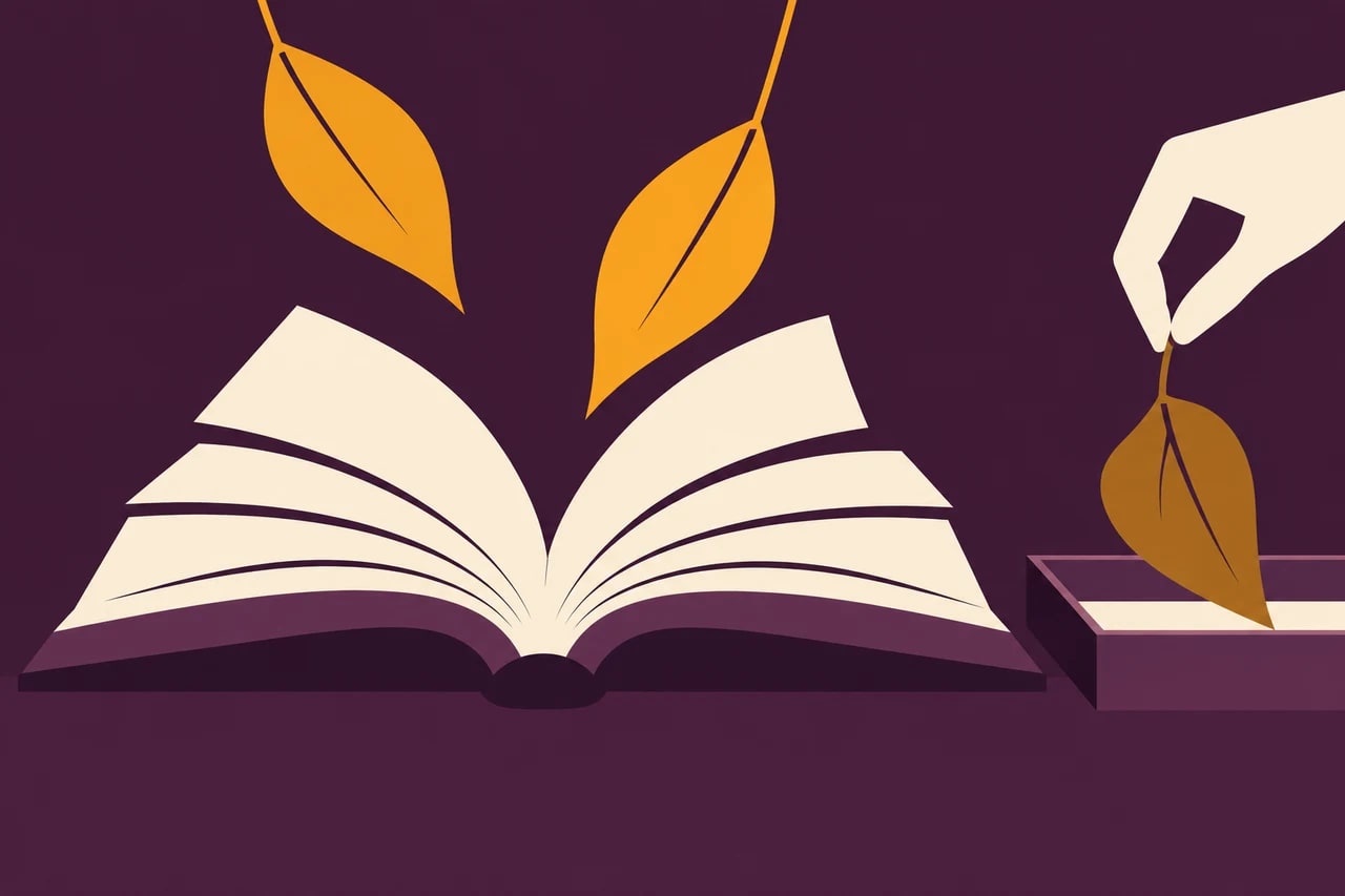 Amber leaves enter a plum open book while one older leaf moves into a separate tray.