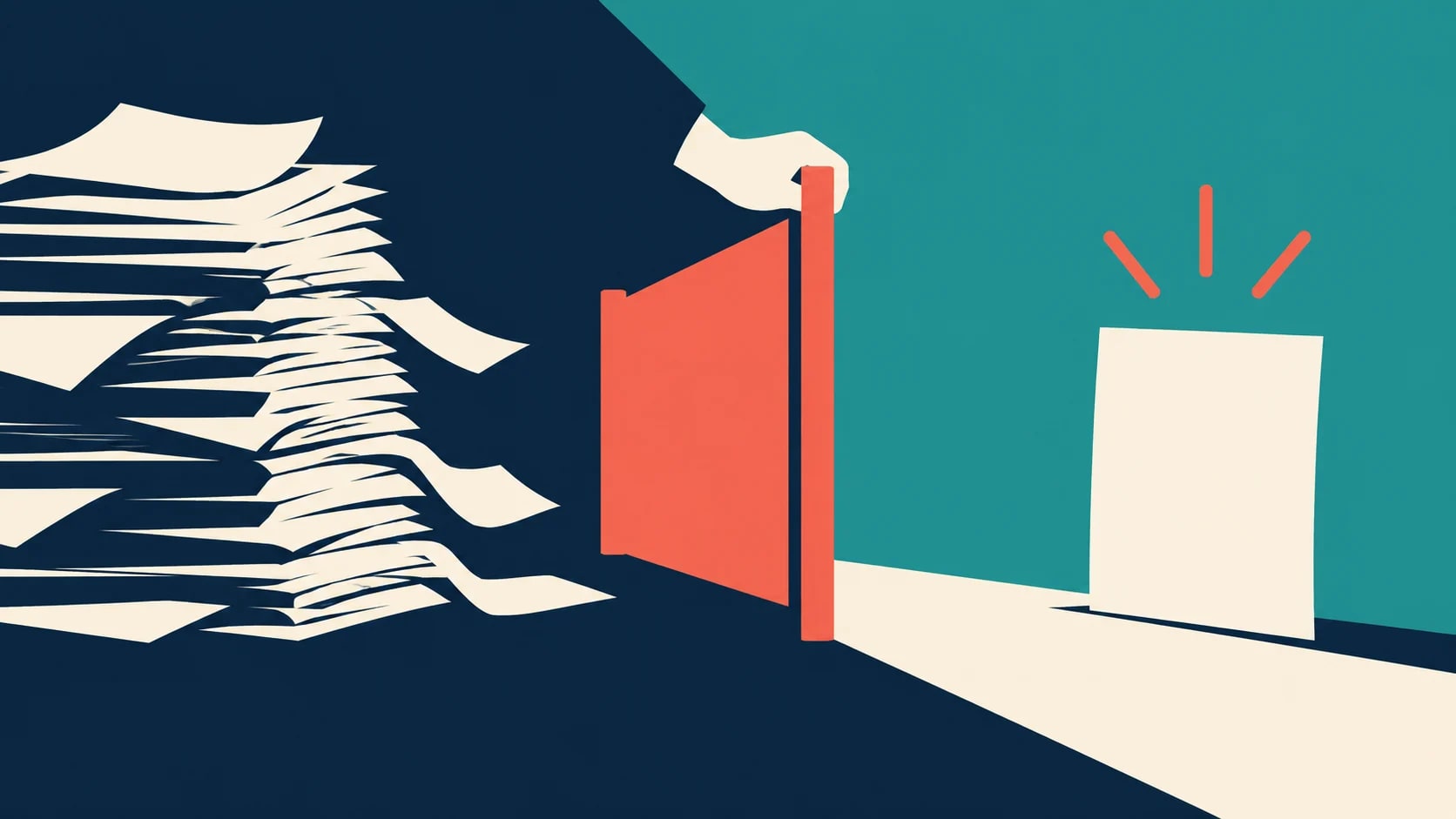 A stack of draft pages meets a review gate; one accepted page emerges.
