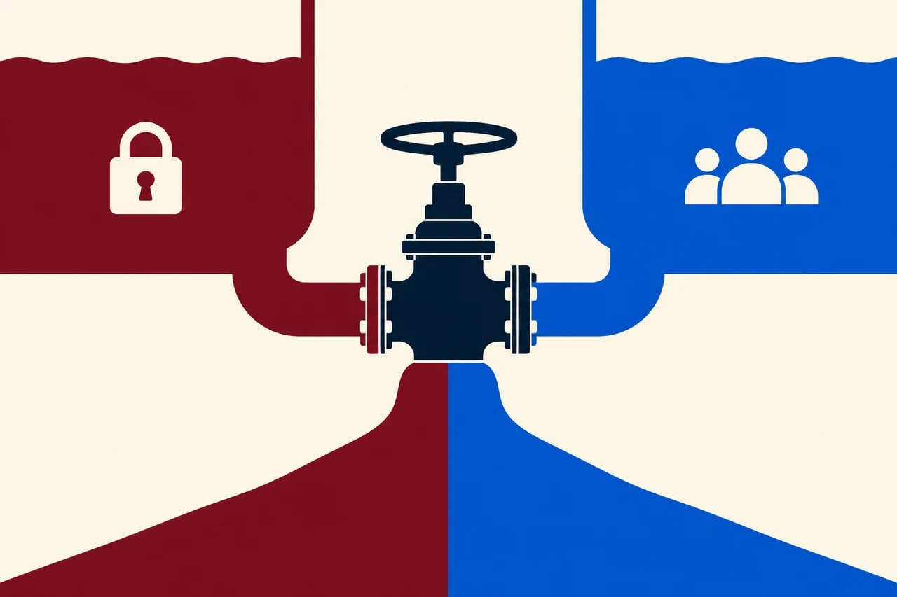 Two colored data reservoirs meet at a control valve, representing the privacy boundary between sources.