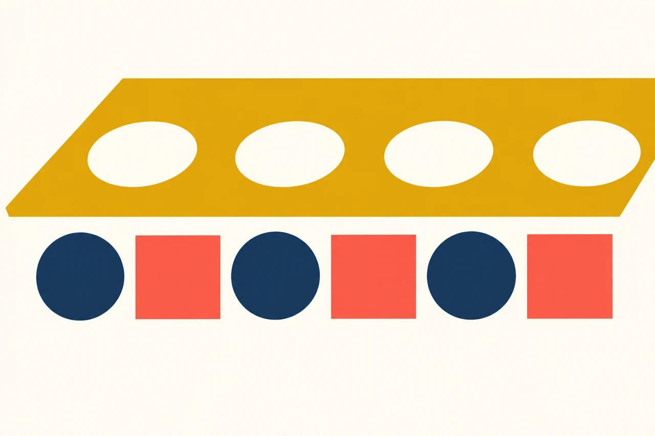 An ochre stencil with round openings sits above navy circles and coral squares.