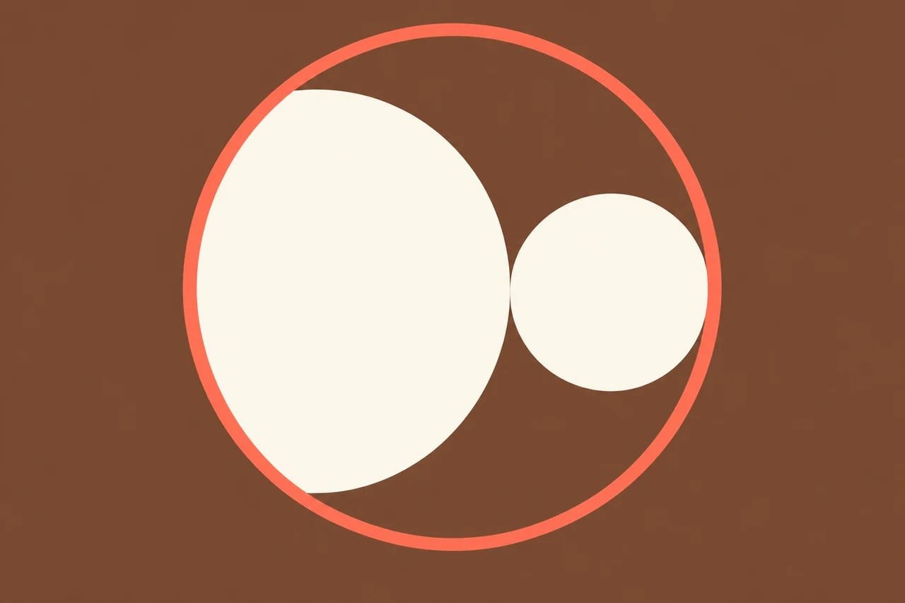 Two unequal ivory circles sit inside one coral circle outline on a warm brown background.
