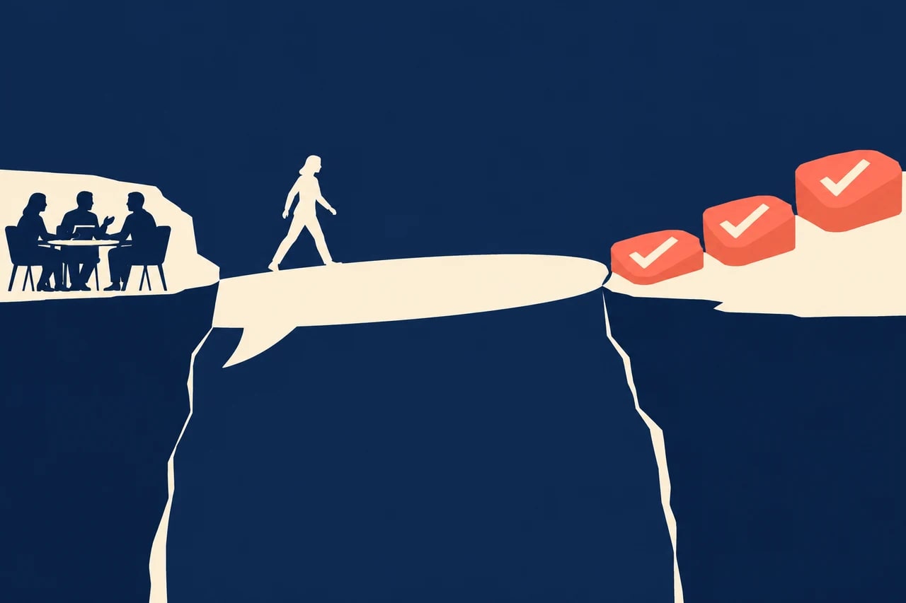 An ivory speech bubble bridges a navy gap toward coral task shapes.