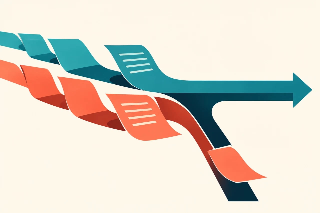 Teal and coral document ribbons diverge, with the teal ribbon continuing along an arrow.